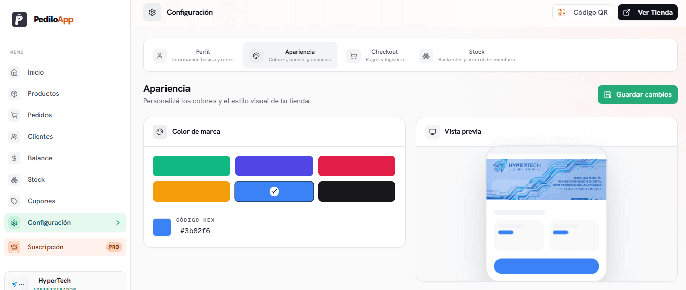 Pantalla principal de configuración de apariencia