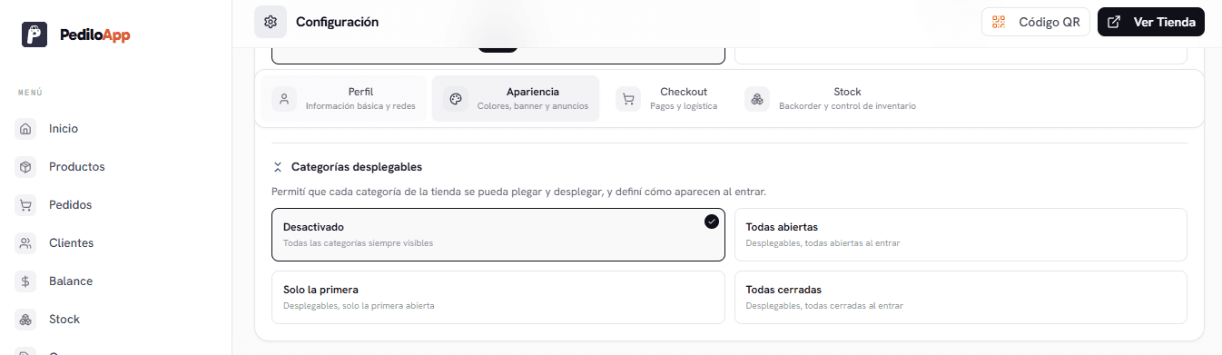 Configuración de categorías desplegables