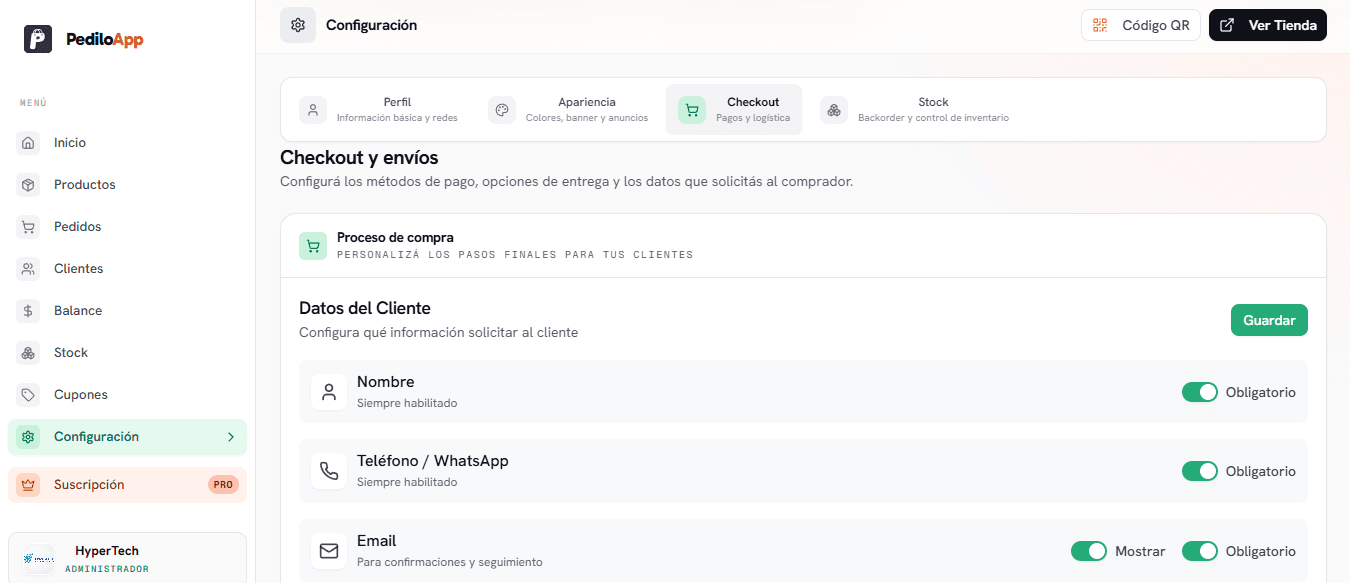 Configuración del checkout y envíos