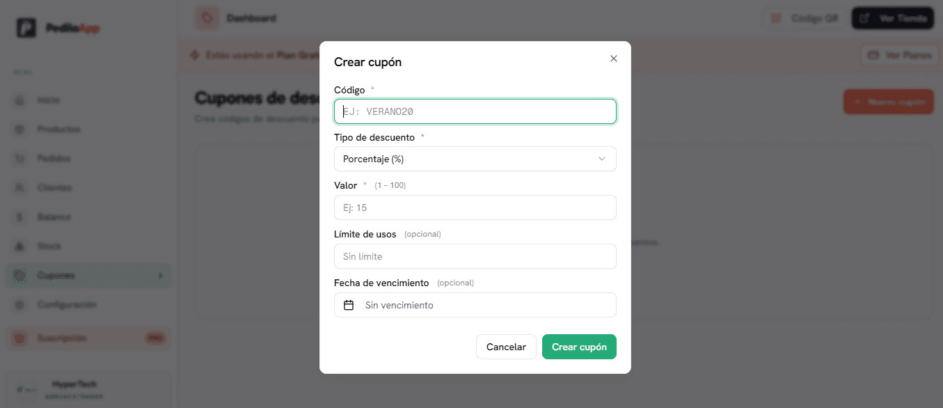 Formulario de creación de cupón