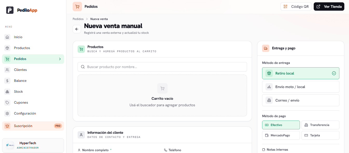 Formulario de registro de ventas