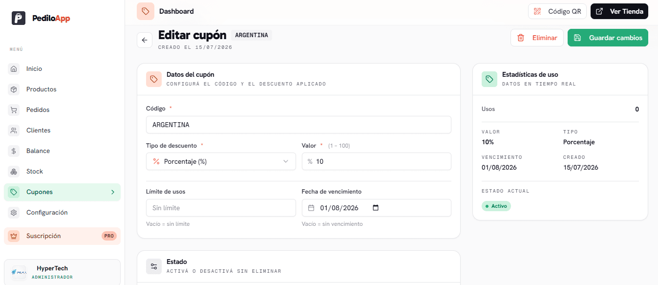 Formulario de edición de cupón