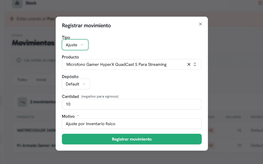 Formulario de registro de movimiento