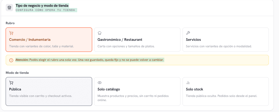 Configuración del tipo de negocio y modelo de tienda