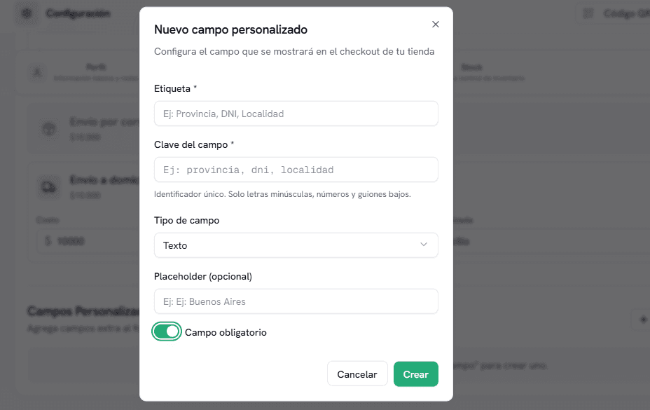 Configuración de campos personalizados del checkout