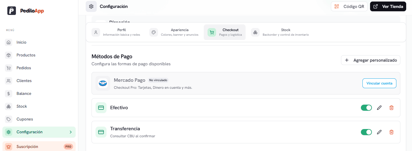 Configuración de métodos de pago