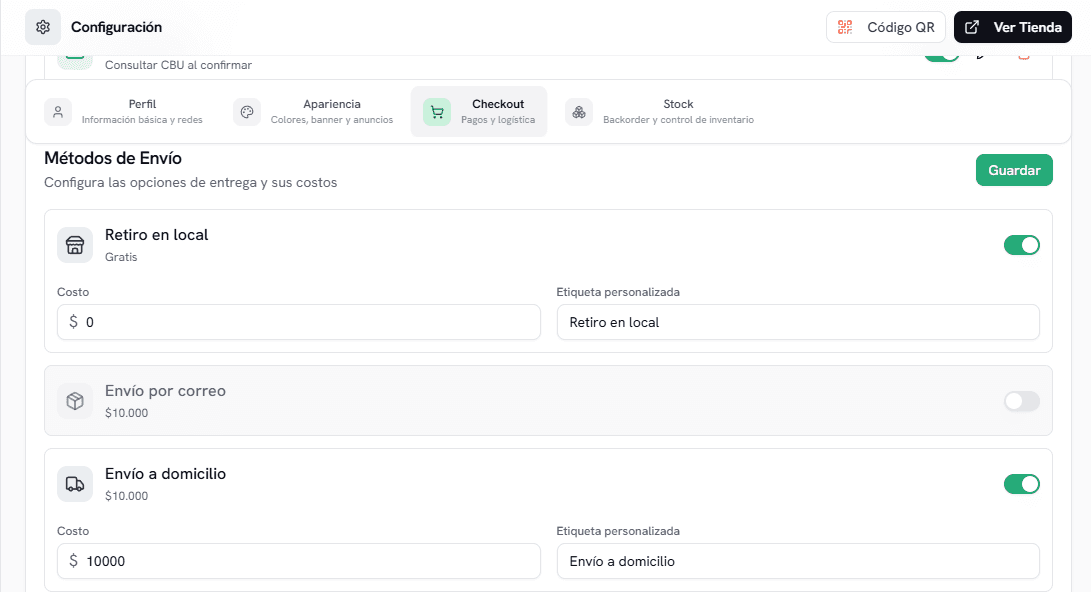 Configuración de métodos de envío