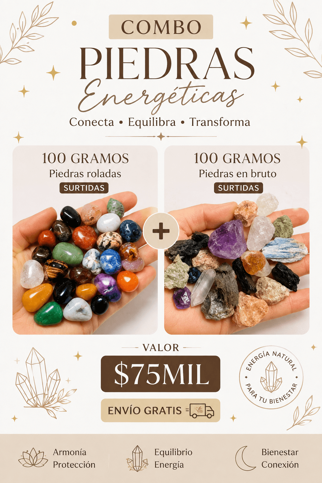 Piedras roladas 100gramos + piedras en bruto 100 gramos