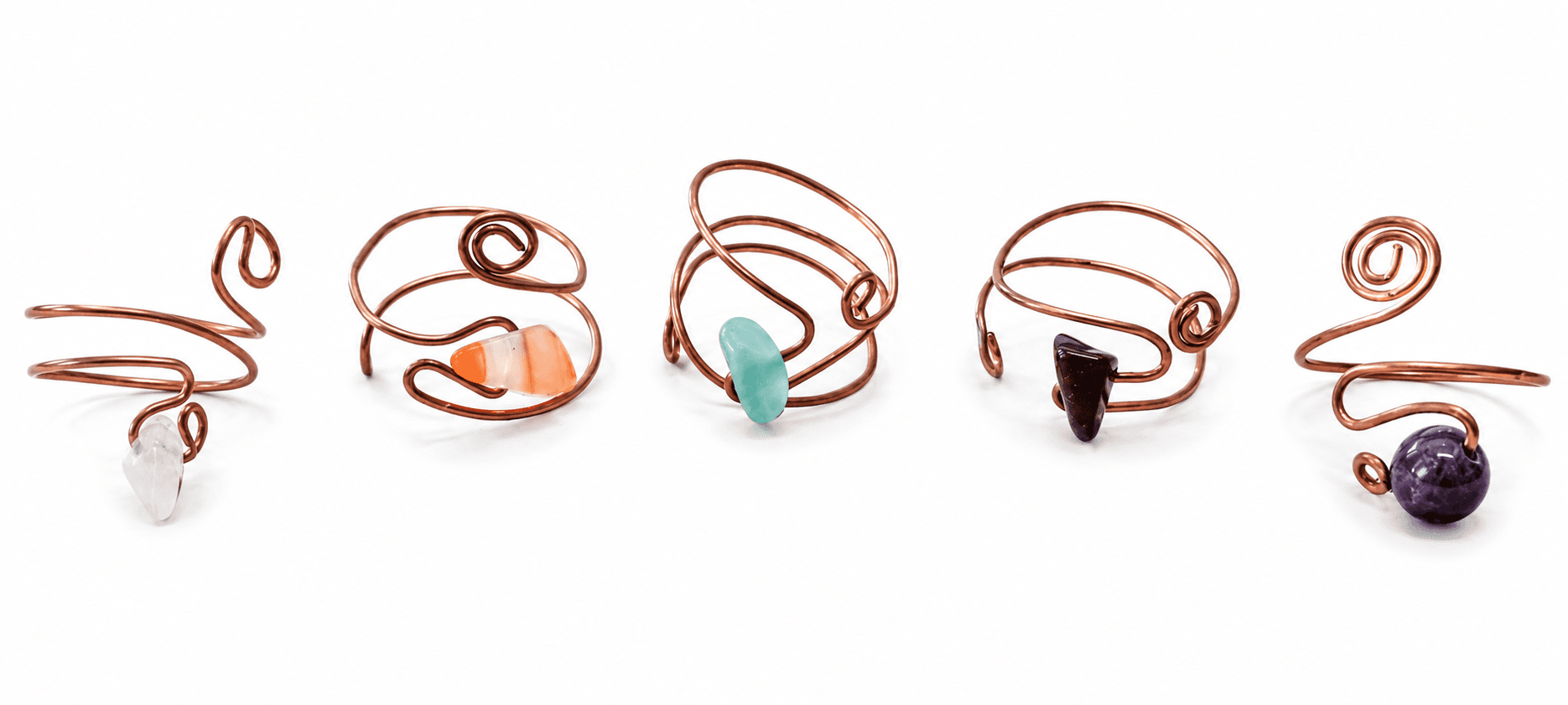 Pack 5 anillos regulables cobre y piedra natural energetica