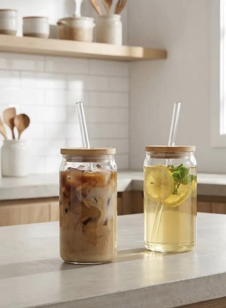 Vaso de vidrio con tapa de bambú + bombilla