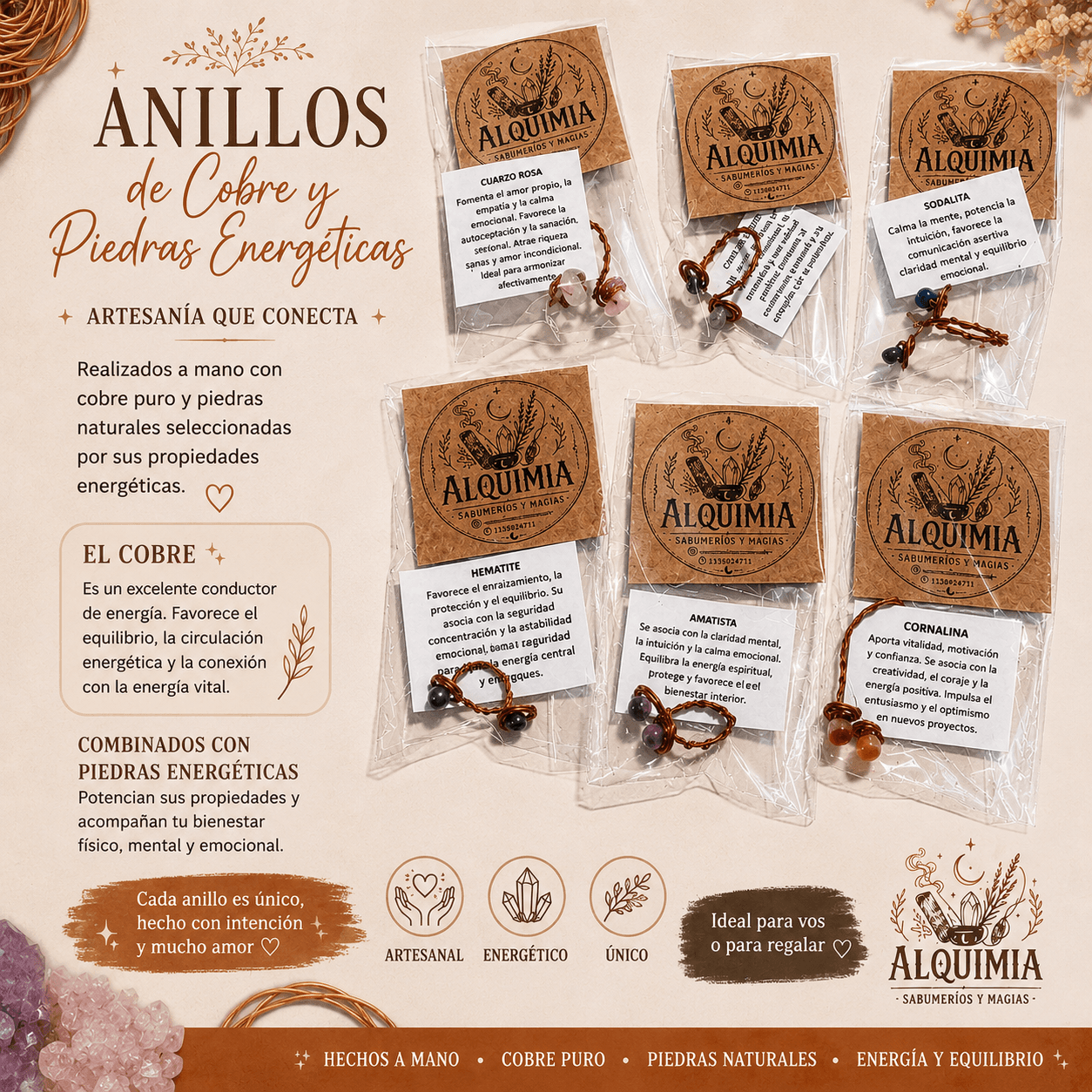 Anillos x 5 surtidos cobre y piedra