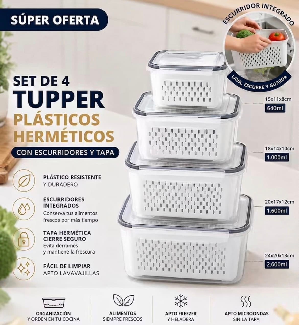 tapers hermeticos con escurridor y trapas x 4