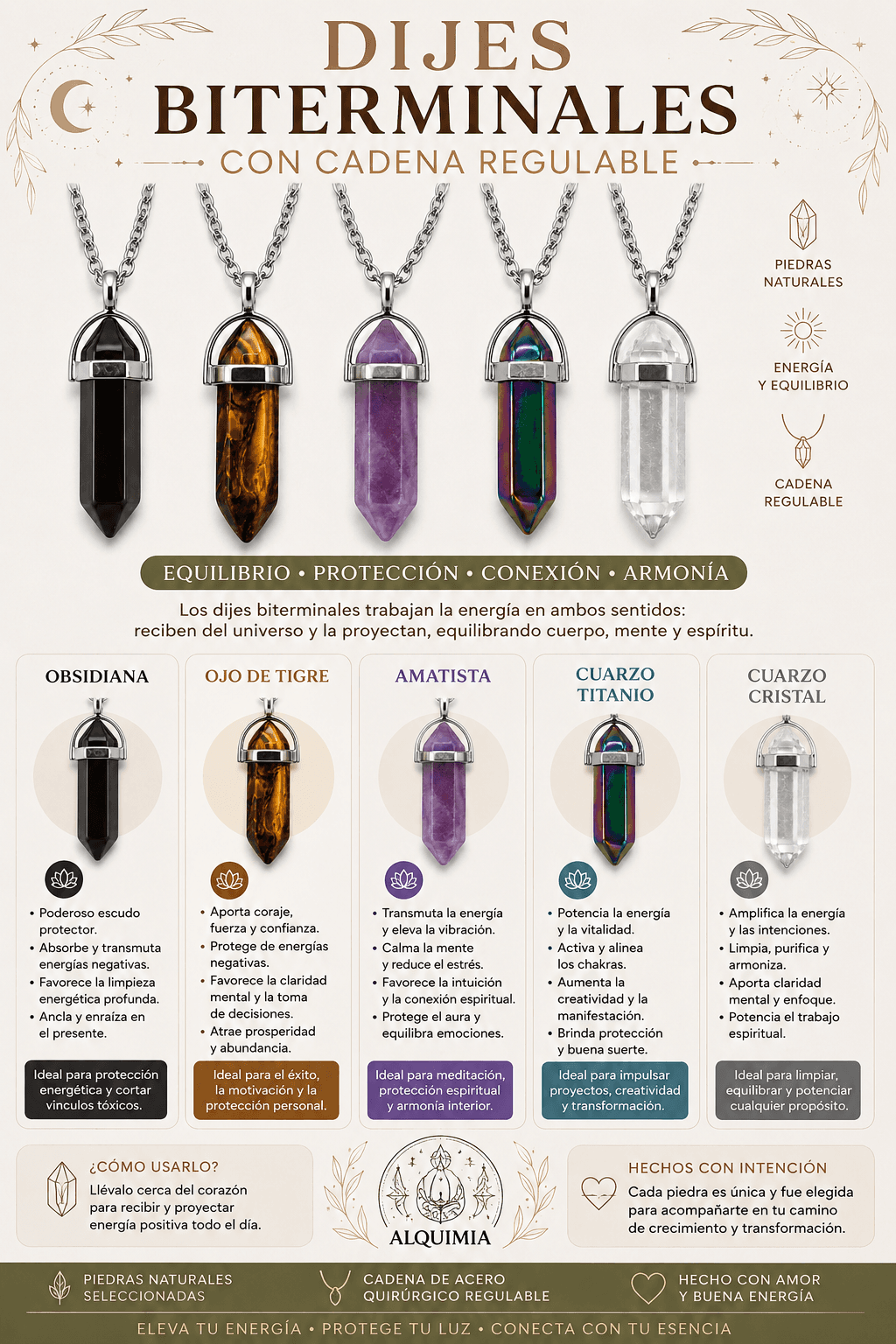 Combo dijes biterminales piedra natural x 5 unidades con cadena