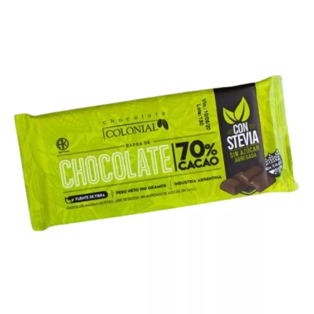 Barra de choc 70% cacao CON STEVIA x 100g
