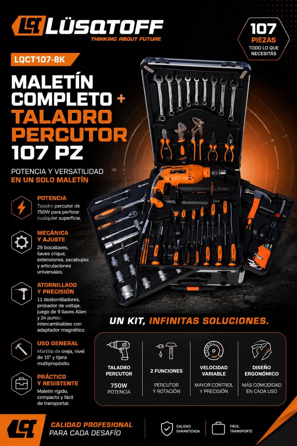 ⚒️KIT 107 PIEZAS DE HERRAMIENTAS Y TALADRO PERCUTOR LUQSTOFF