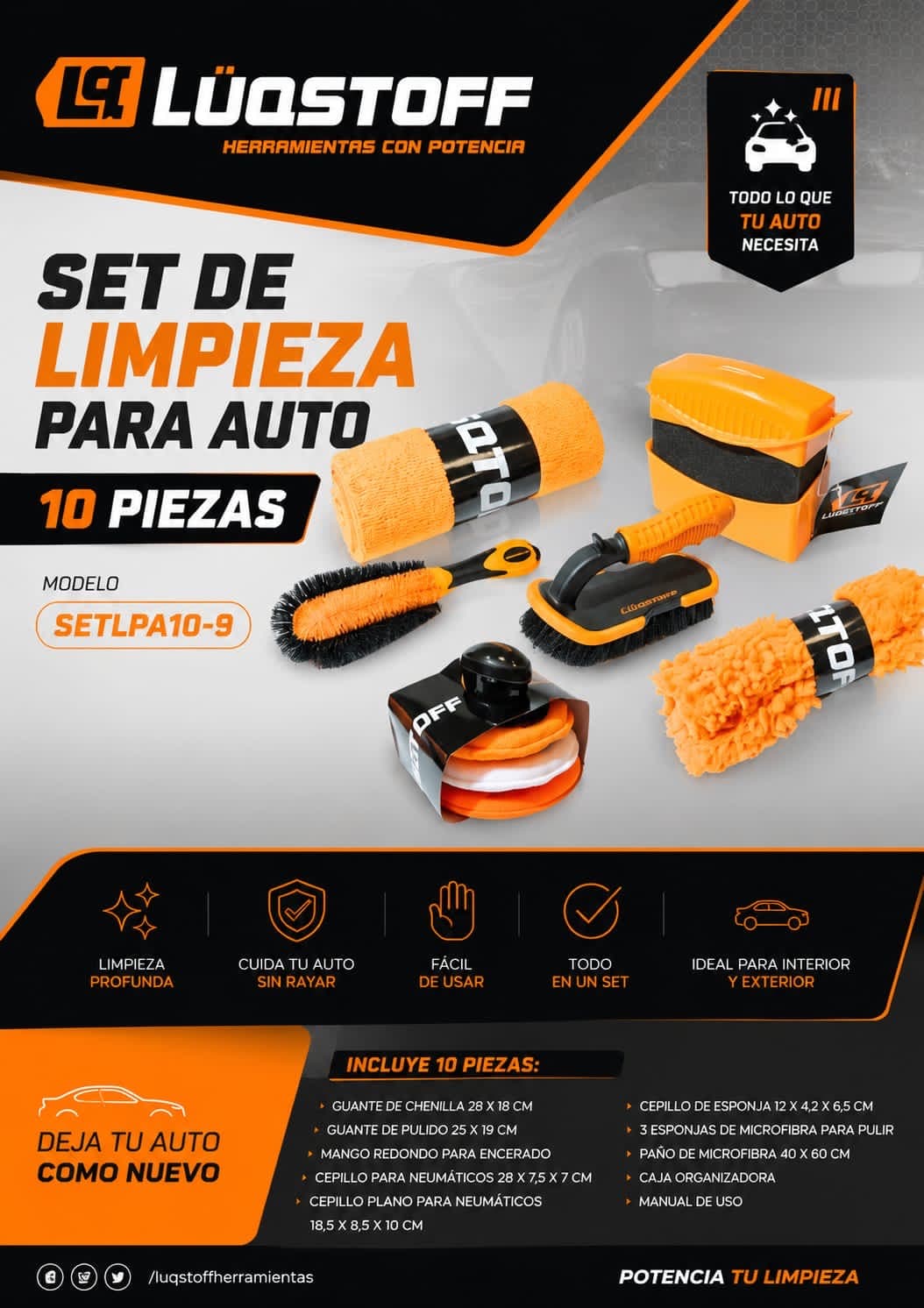 🚘🛞SET DE LIMPIEZA PARA AUTO 10 PIEZAS